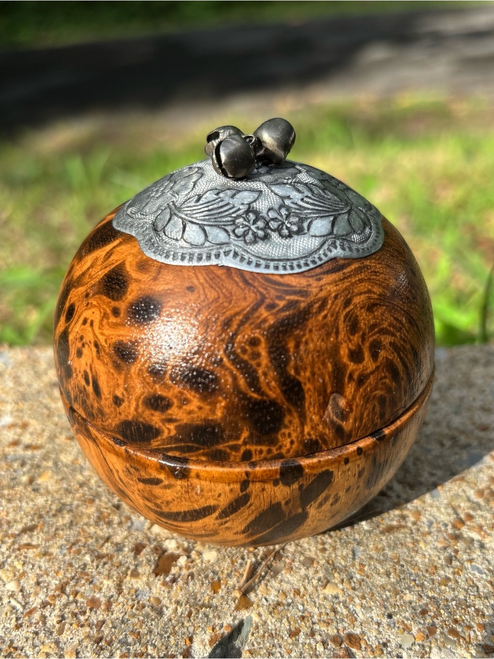 Burl Wood Round Trinket Box with Ornate Metal Lid